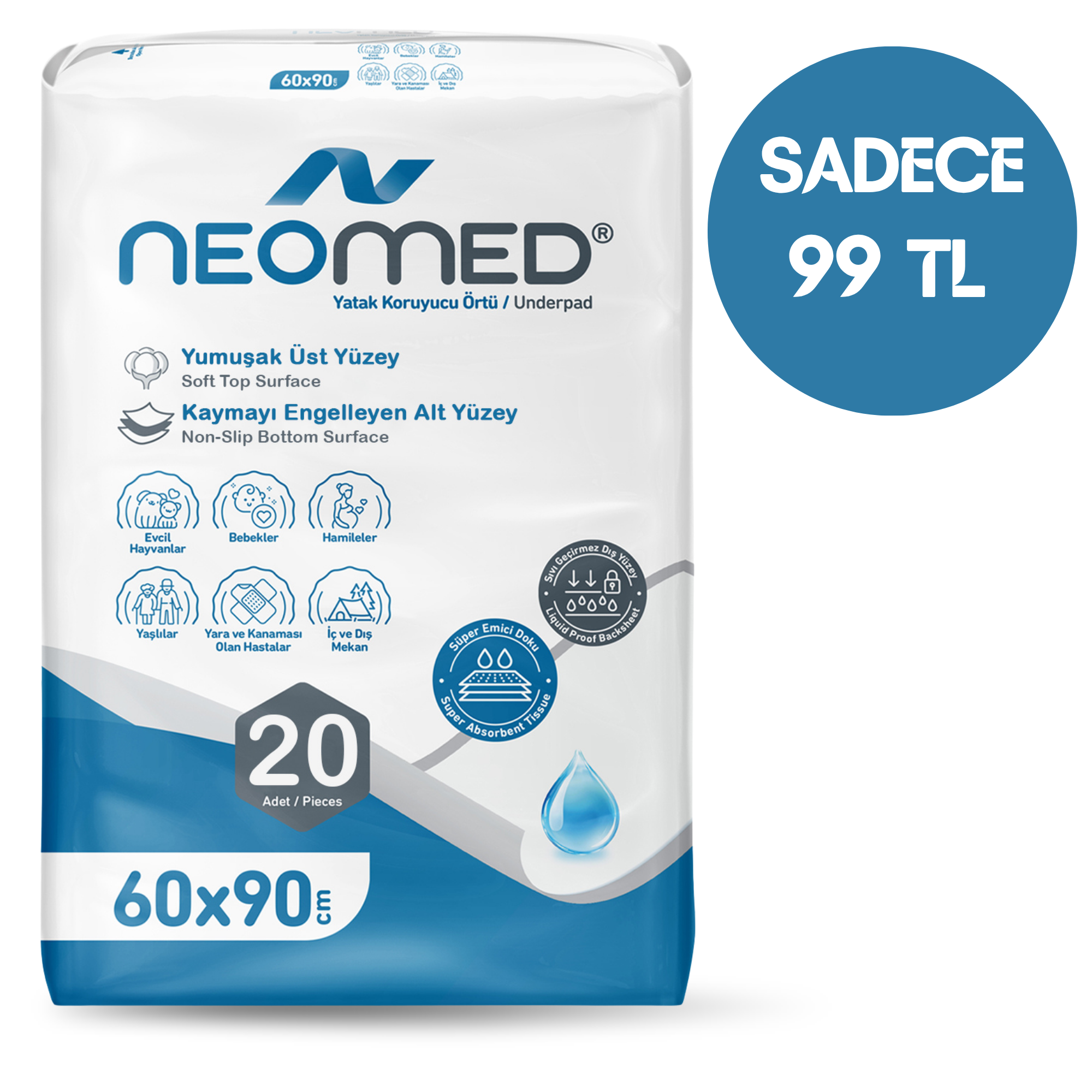 <strong>Neomed Yatak Koruyucu  60x90 Cm 20 Adet 99 ₺</strong>
