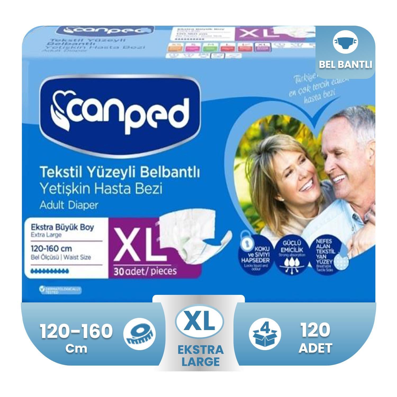 Canped Belbantlı Tekstil Yüzey Hasta Bezi XL- Extra Large Beden 120 Adet