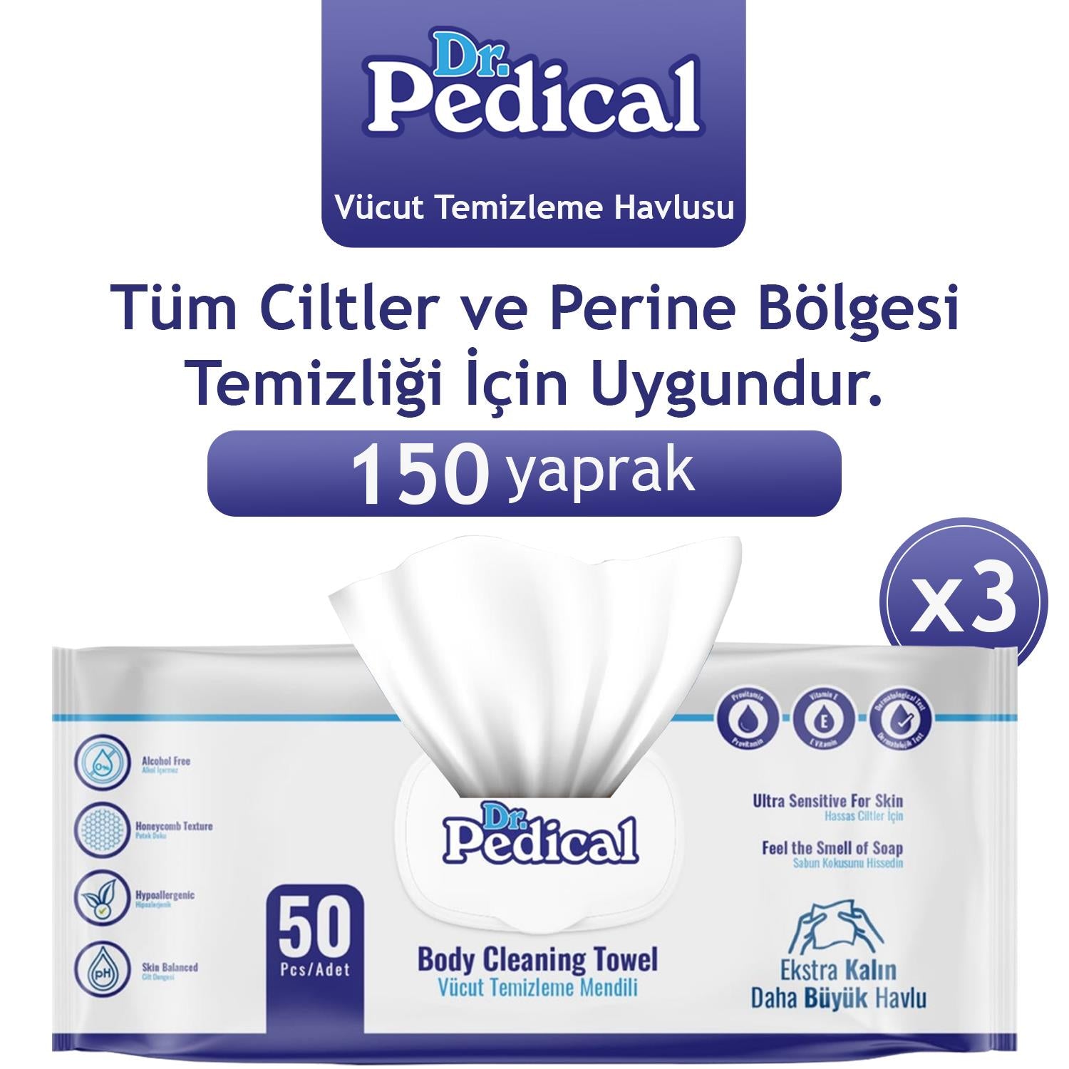 Dr. Pedical Vücut Temizleme Havlusu Beyaz Sabun 150 Adet