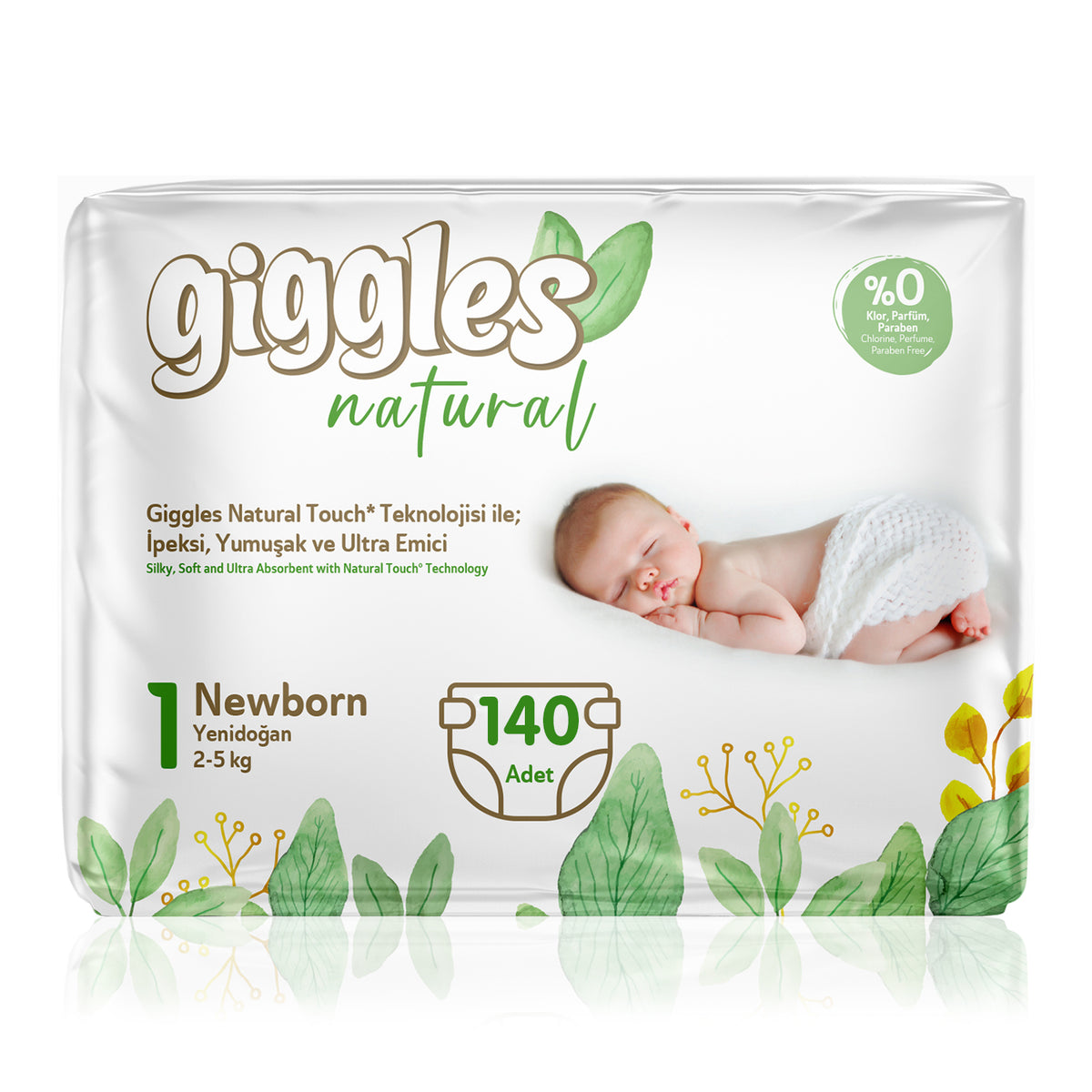 Giggles Natural 1 Numara Yenidoğan Pamuklu Bebek Bezi Aylık Paket - 140 Adet