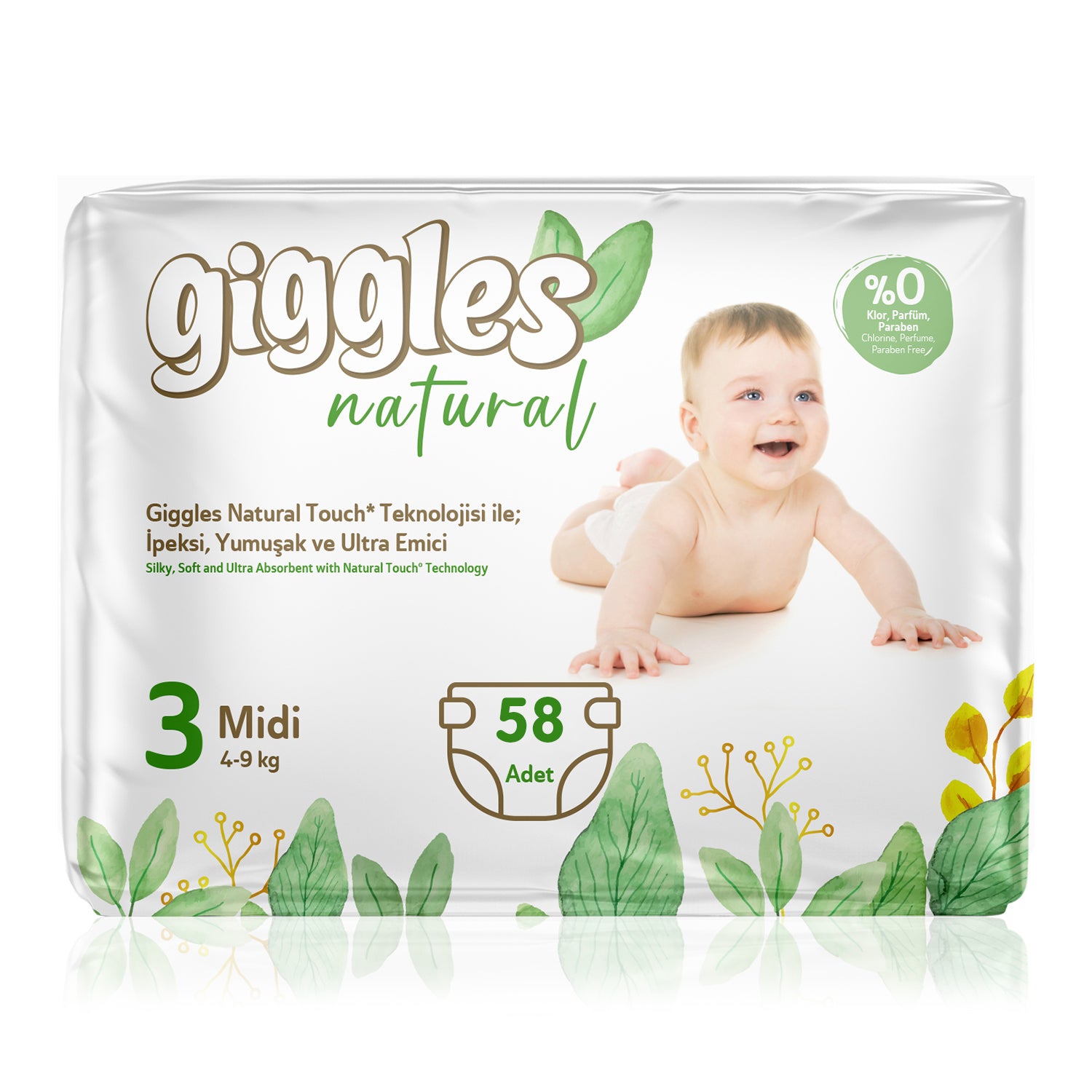 Giggles Natural 3 Numara Midi Pamuklu Bebek Bezi Tanışma Paketi - 58 Adet