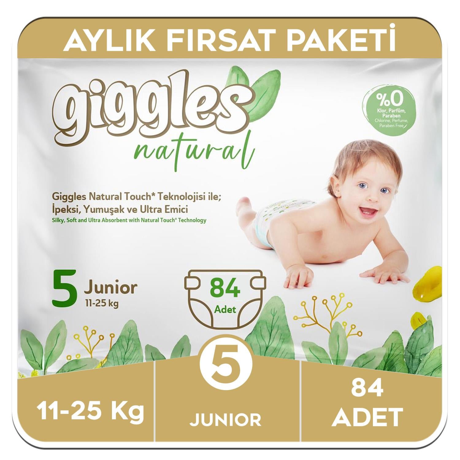 Giggles Natural 5 Numara Junior Pamuklu Bebek Bezi Aylık Fırsat Paketi - 84 Adet