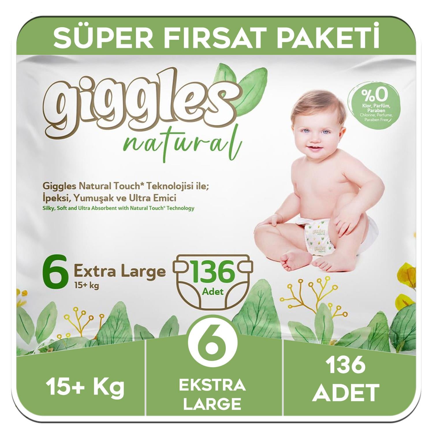 Giggles Natural 6 Numara Junior Pamuklu Bebek Bezi Süper Fırsat Paketi - 136 Adet