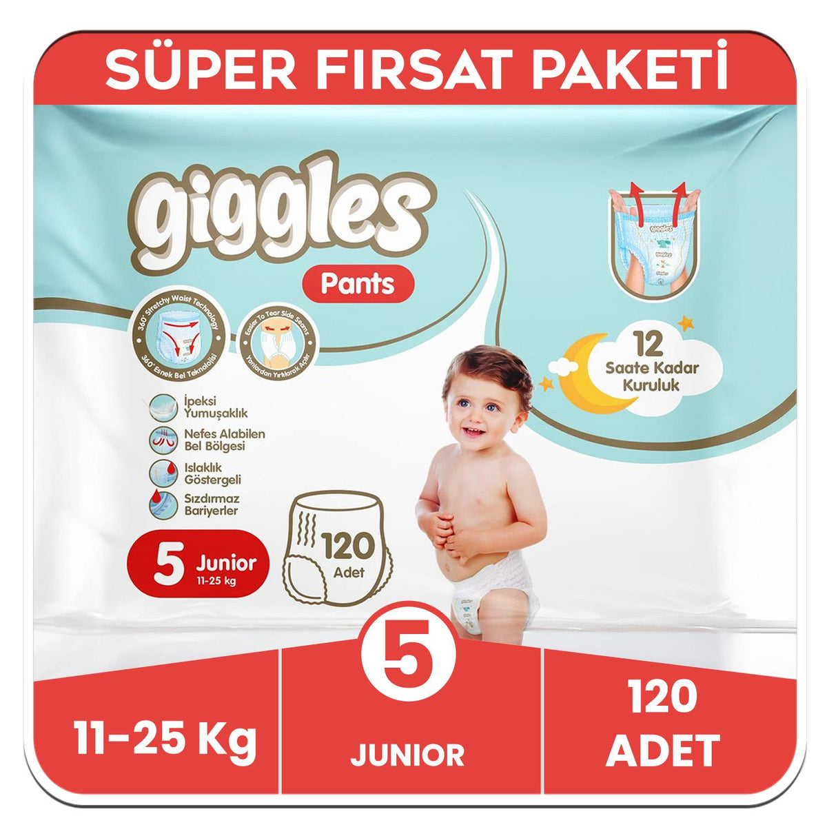 Giggles Pants Külotlu Bebek Bezi 5 Numara Junior Süper Fırsat Paketi - 120 Adet