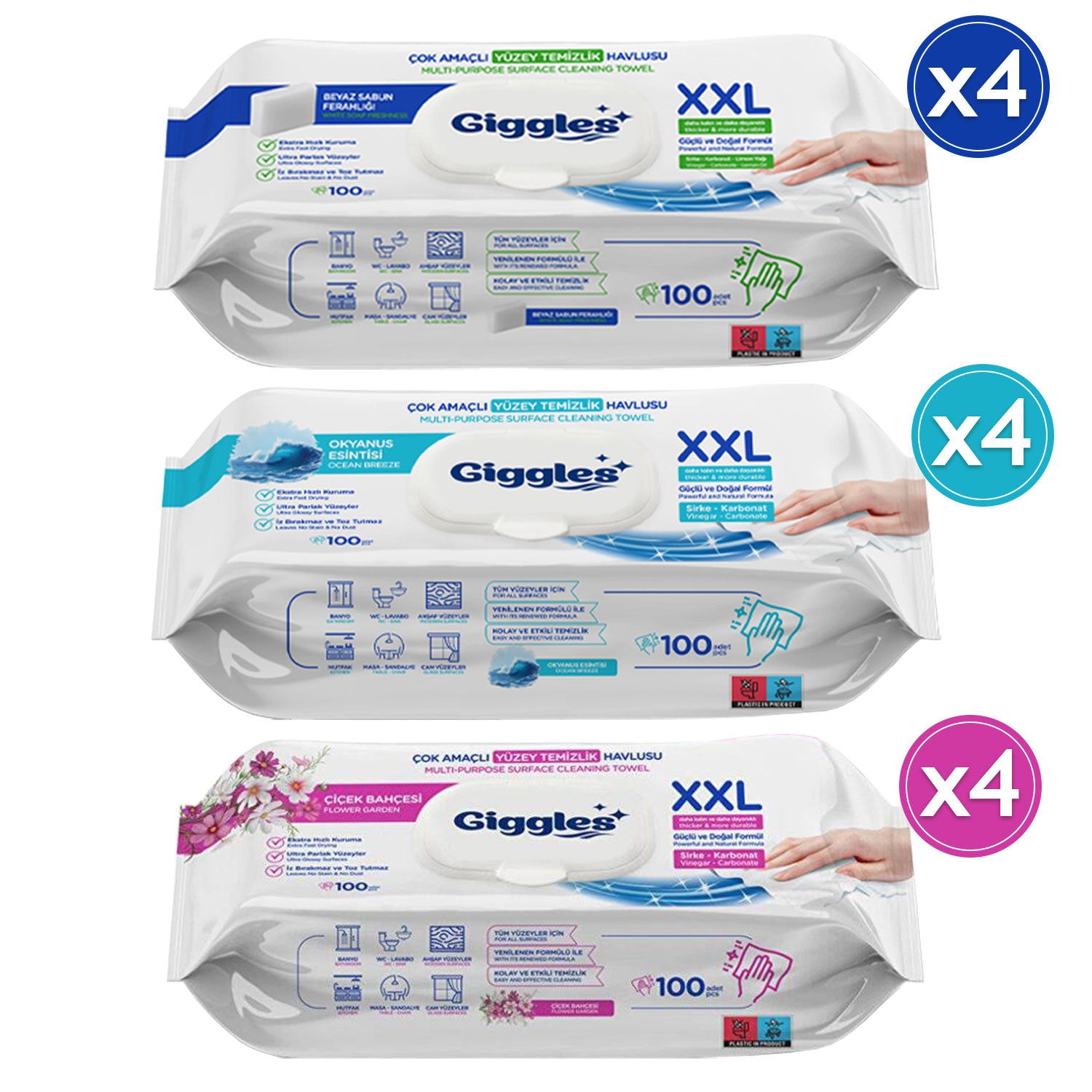 Giggles Xxl İz Bırakmayan Yüzey Temizlik Havlusu - (Beyaz Sabun-Çiçek Bahçesi-Okyanus Esintisi) 1200 Havlu