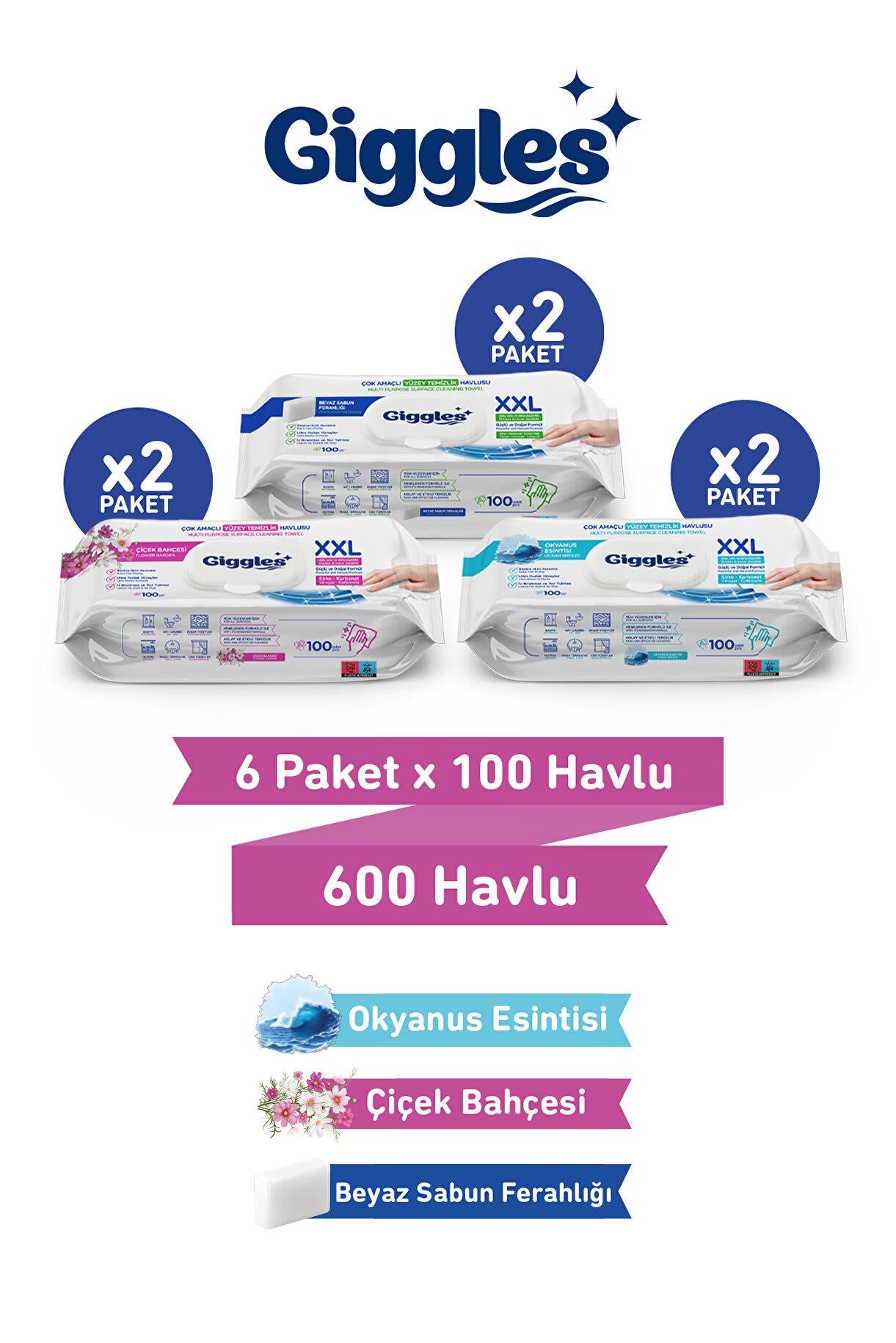 Giggles Xxl İz Bırakmayan Yüzey Temizlik Havlusu - (Beyaz Sabun-Çiçek Bahçesi-Okyanus Esintisi) 600 Havlu