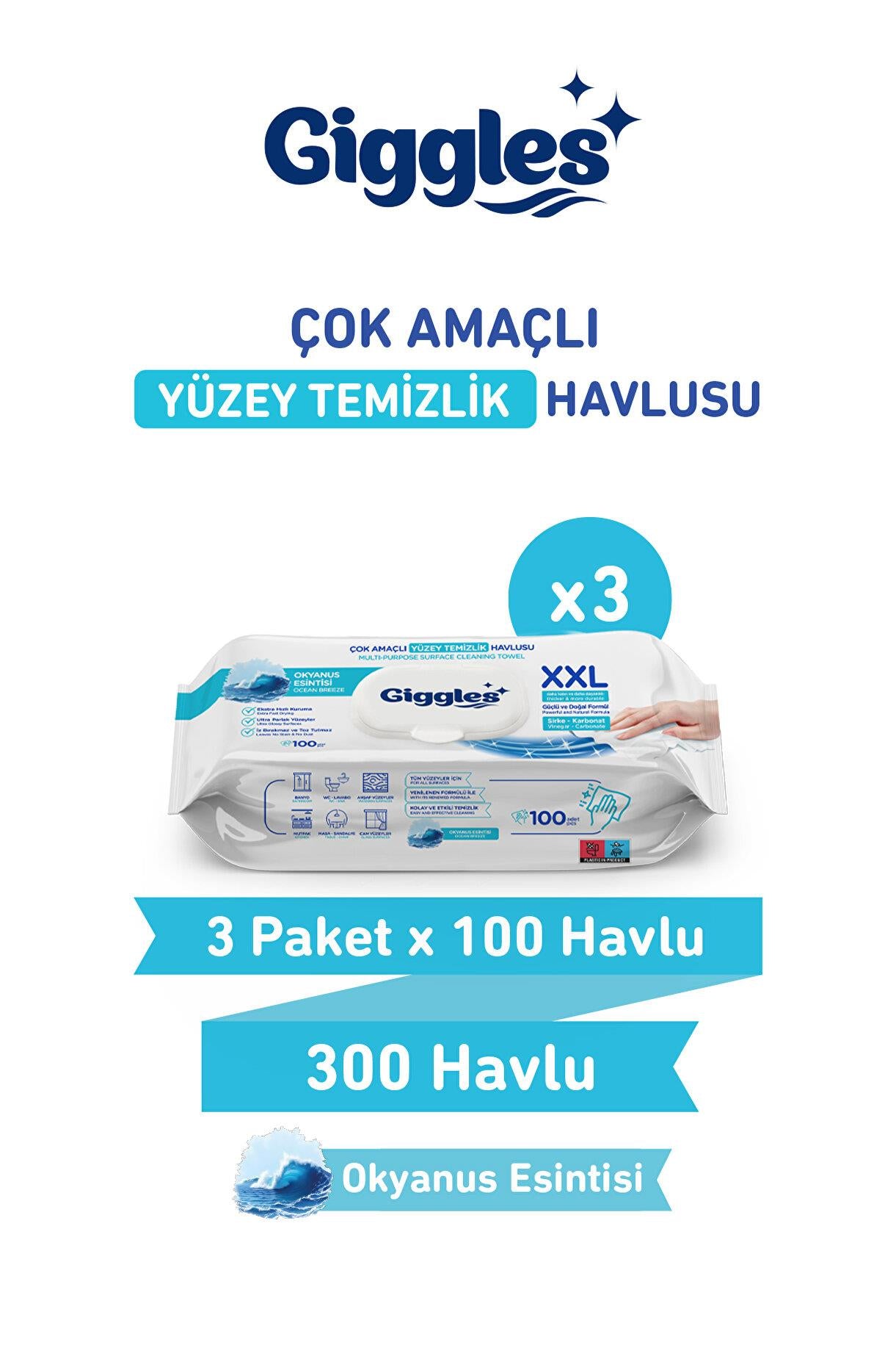 Giggles XXL İz Bırakmayan Yüzey Temizlik Havlusu Okyanus Esintisi 300 Yaprak