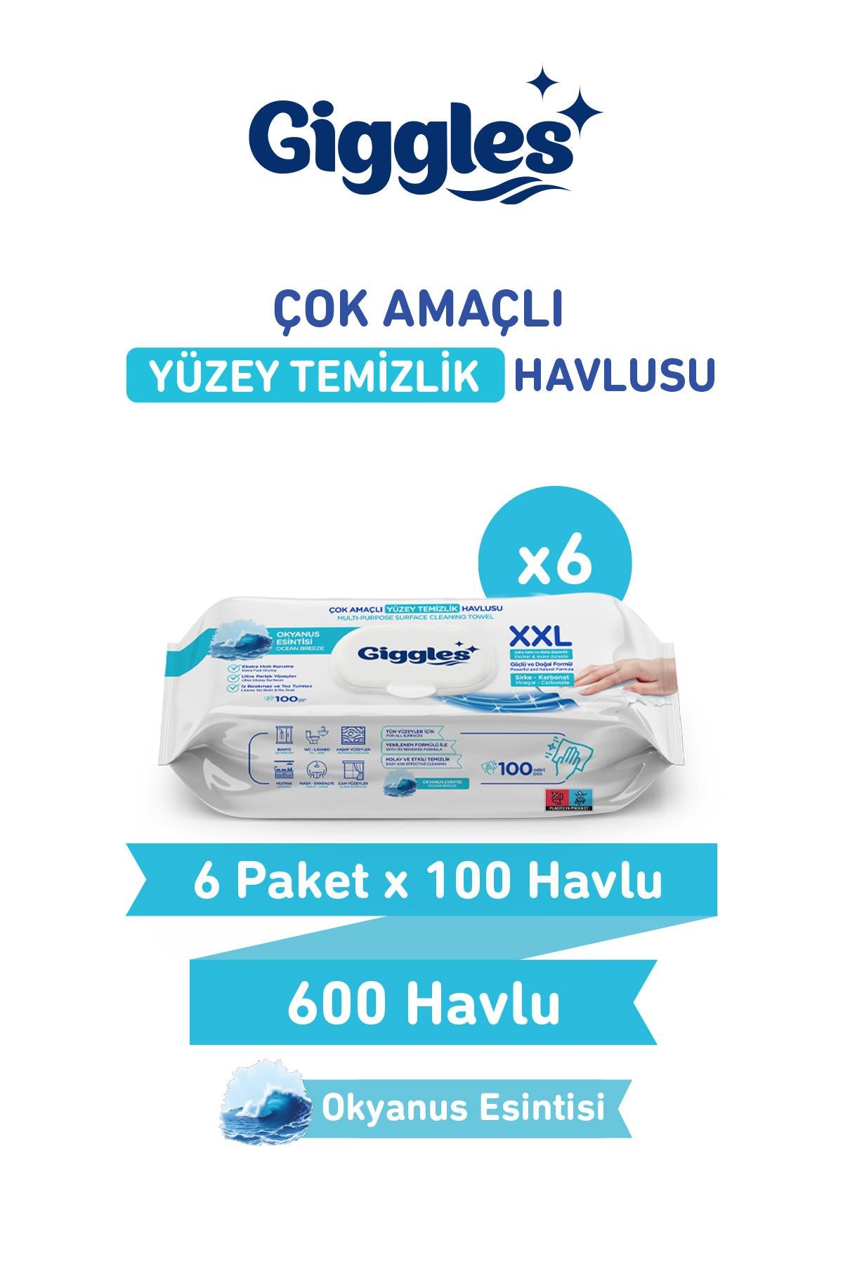 Giggles XXL İz Bırakmayan Yüzey Temizlik Havlusu Okyanus Esintisi 600 Yaprak