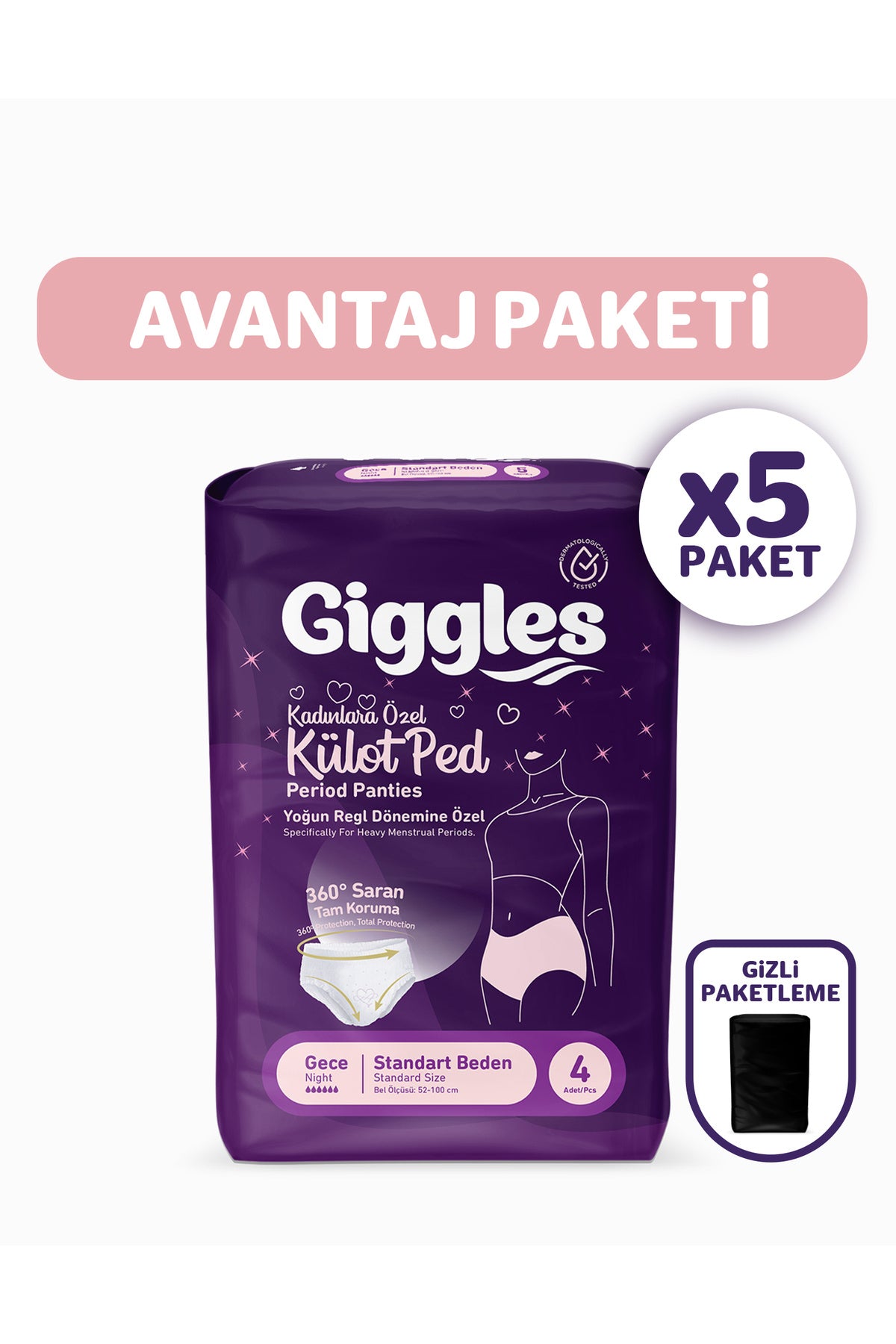 Külot Ped (Regl Gece Külodu) Bel Ölçüsü 52-100 cm Standart Beden 5 Paket 20 Adet