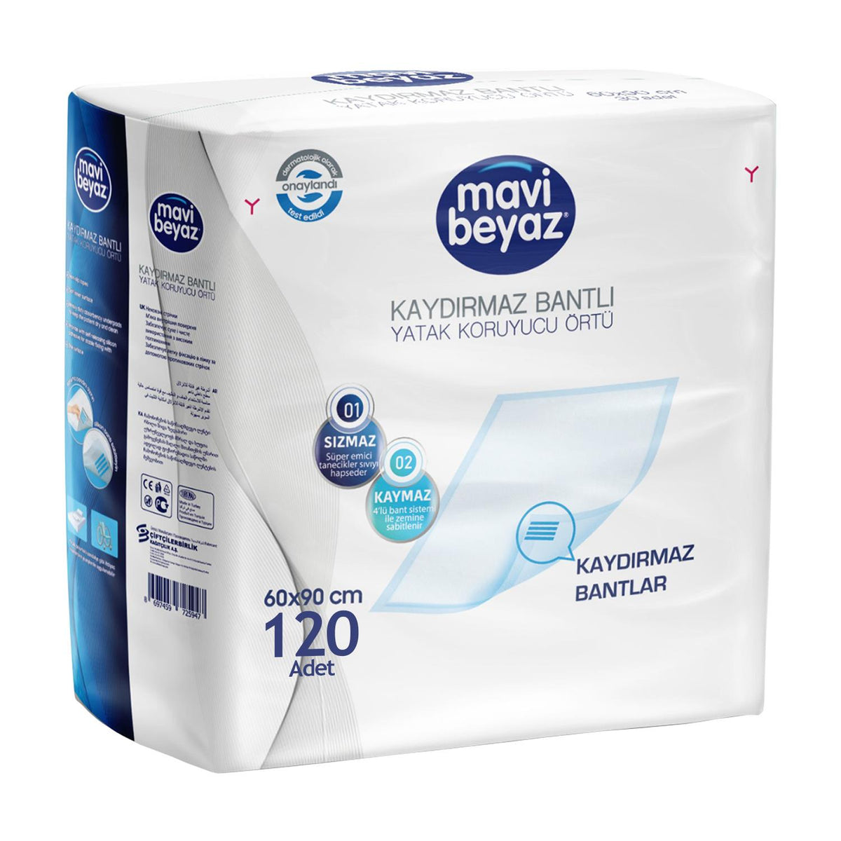 Mavi Beyaz Kaydırmaz Bantlı Yatak Koruyucu Örtü 60x90 Cm 120 Adet