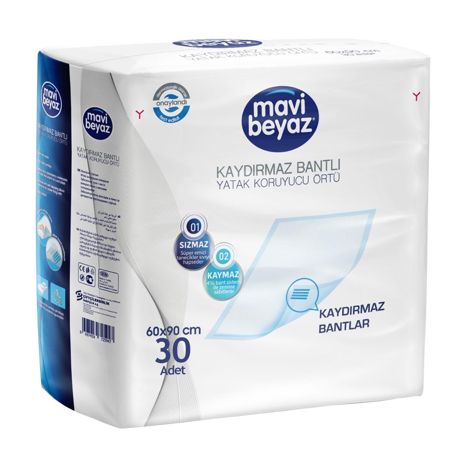 Mavi Beyaz Kaydırmaz Bantlı Yatak Koruyucu Örtü 60x90 Cm 30 Adet