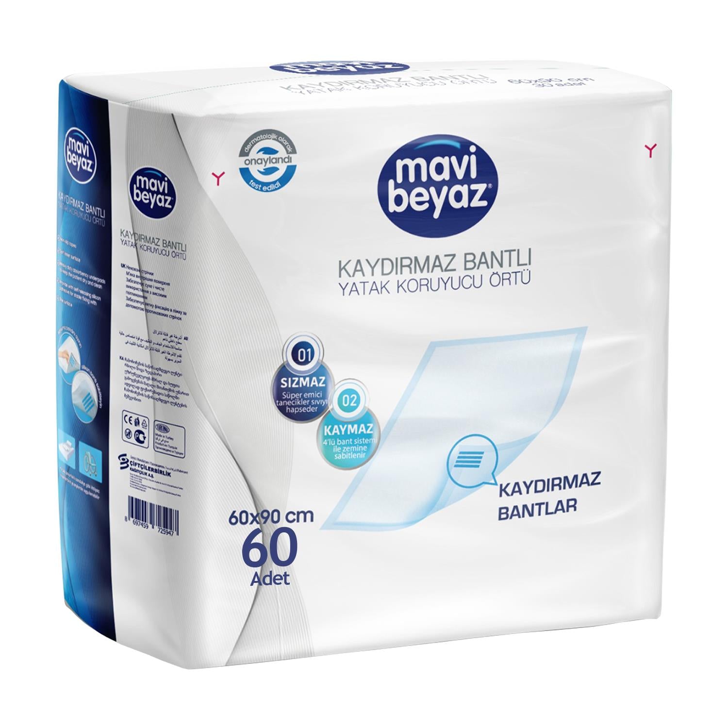 Mavi Beyaz Kaydırmaz Bantlı Yatak Koruyucu Örtü 60x90 Cm 60 Adet
