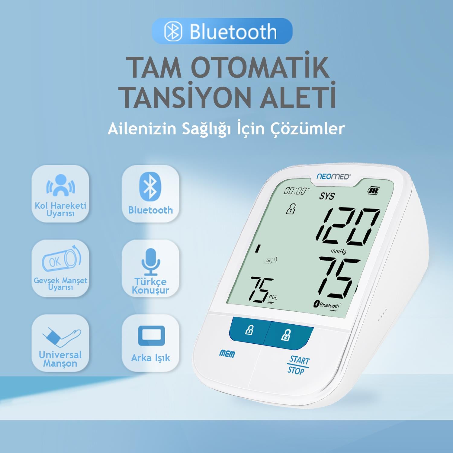 Neomed DBP-6281 Türkçe Konuşan Büyük Ekranlı Bluetoothlu Üst Koldan Dijital Tansiyon Aleti