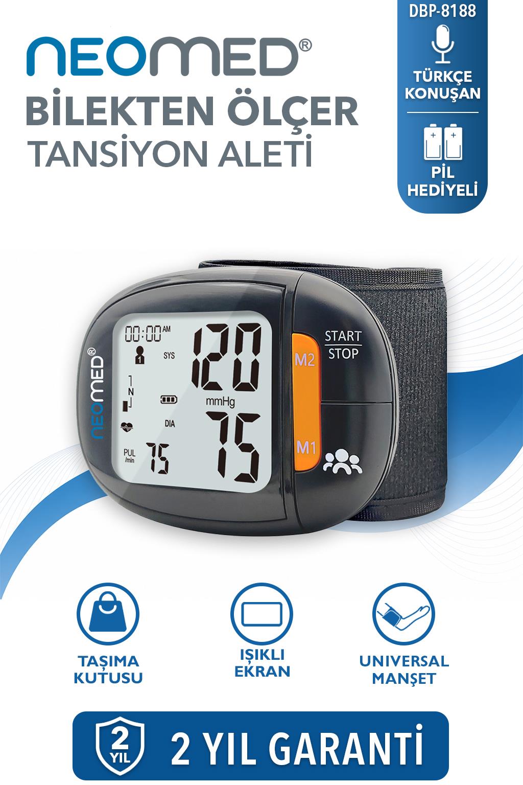 DBP-8188 Rahatsız Etmeyen Konuşma Seviyesi Türkçe Konuşan Hafızalı İnce Tasarım Bilekten Dijital Tam Otomatik Tansiyon Aleti