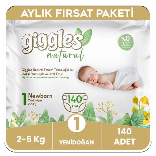 Giggles Natural 1 Numara Yenidoğan Pamuklu Bebek Bezi Aylık Paket - 140 Adet