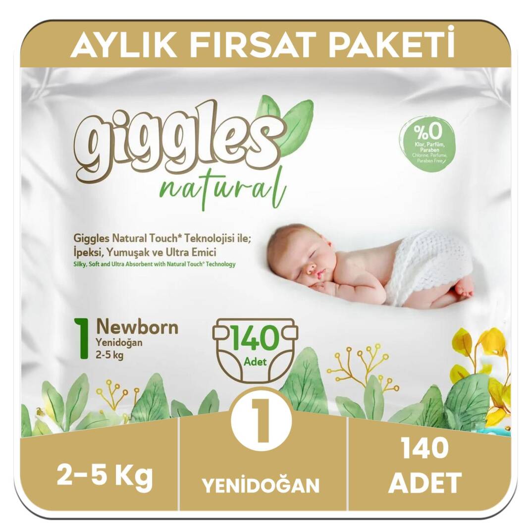 Giggles Natural 1 Numara Yenidoğan Pamuklu Bebek Bezi Aylık Paket - 140 Adet - 1