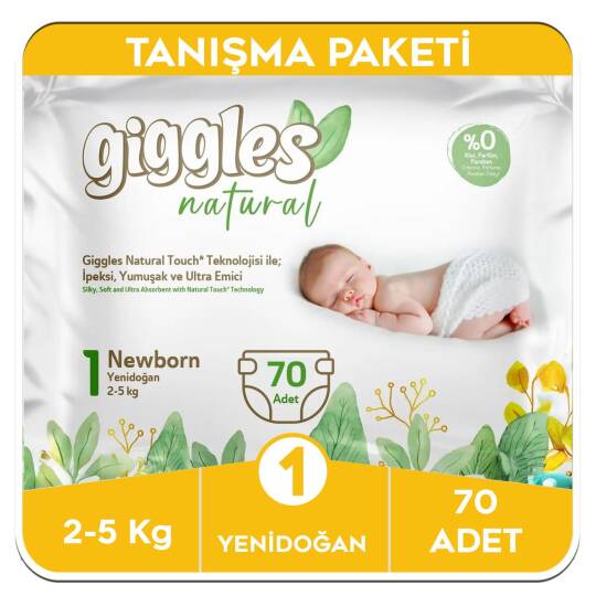 Giggles Natural 1 Numara Yenidoğan Pamuklu Bebek Bezi Tanışma Paketi - 70 Adet