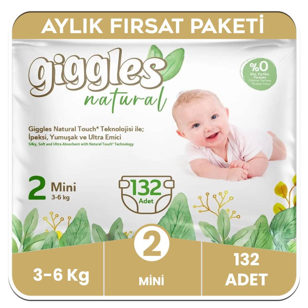 Giggles Natural 2 Numara Mini Pamuklu Bebek Bezi Aylık Fırsat Paketi - 132 Adet - 1