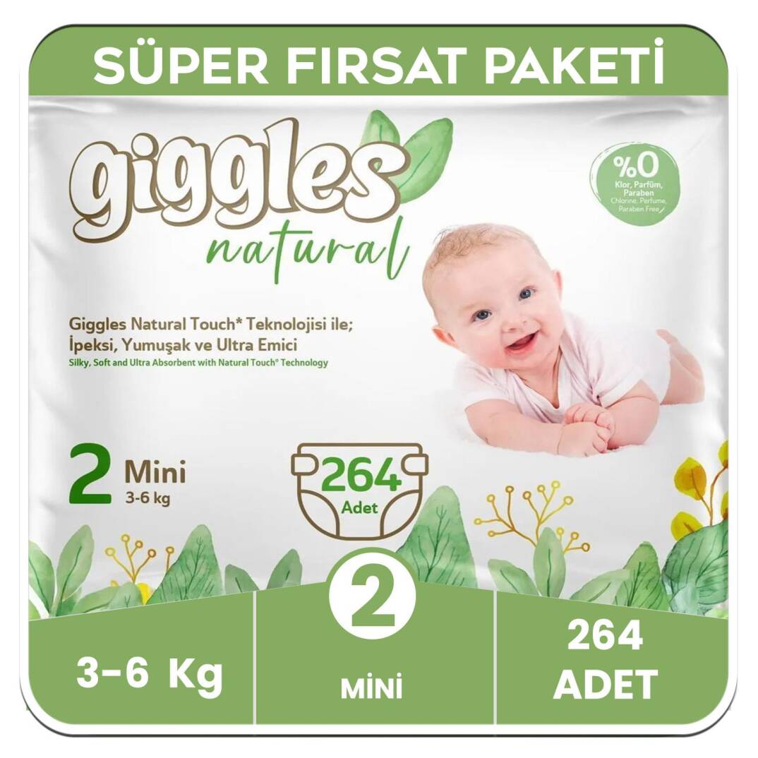 Giggles Natural 2 Numara Mini Pamuklu Bebek Bezi Süper Fırsat Paketi - 264 Adet - 1