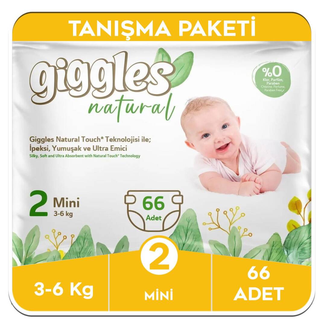 Giggles Natural 2 Numara Mini Pamuklu Bebek Bezi Tanışma Paketi - 66 Adet - 1