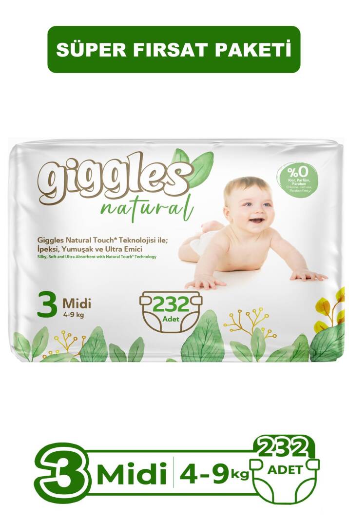 Giggles Natural 3 Numara Midi Pamuklu Bebek Bezi 232 Adet - 1