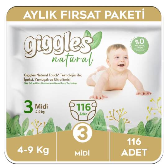 Giggles Natural 3 Numara Midi Pamuklu Bebek Bezi Aylık Fırsat Paketi - 116 Adet