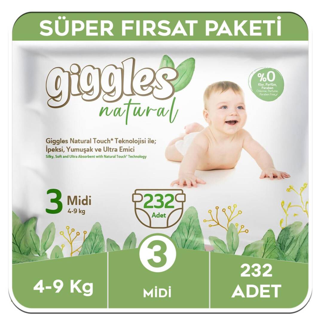 Giggles Natural 3 Numara Midi Pamuklu Bebek Bezi Süper Fırsat Paketi - 232 Adet - 1