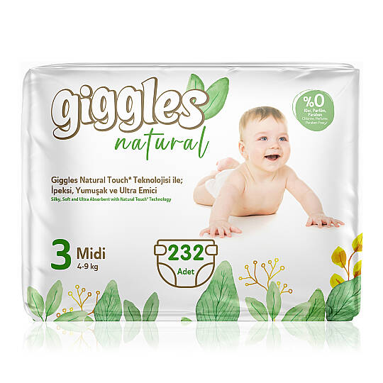 Giggles Natural 3 Numara Midi Pamuklu Bebek Bezi Süper Fırsat Paketi - 232 Adet