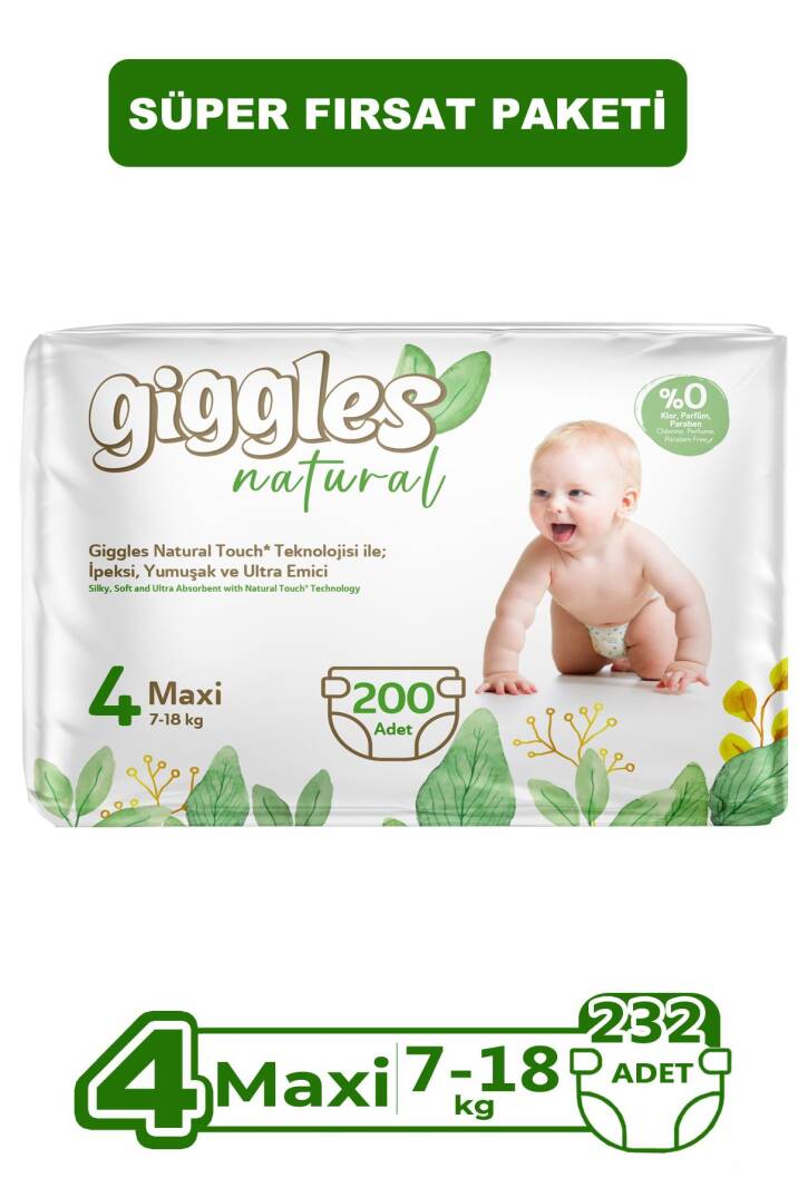 Giggles Natural 4 Numara Maxi Pamuklu Bebek bezi 200 Adet - 1