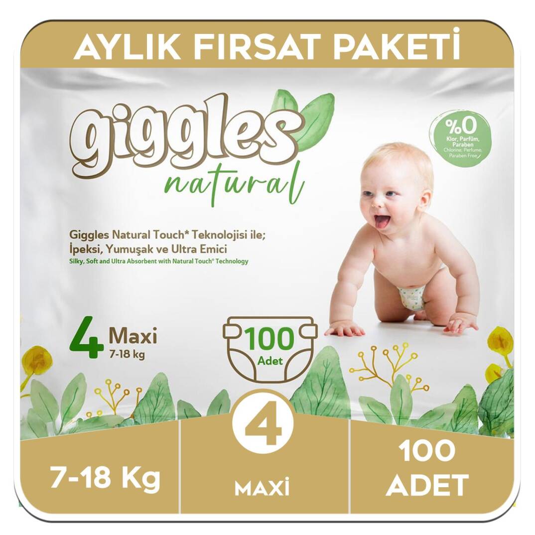 Giggles Natural 4 Numara Maxi Pamuklu Bebek Bezi Aylık Fırsat Paketi - 100 Adet - 1