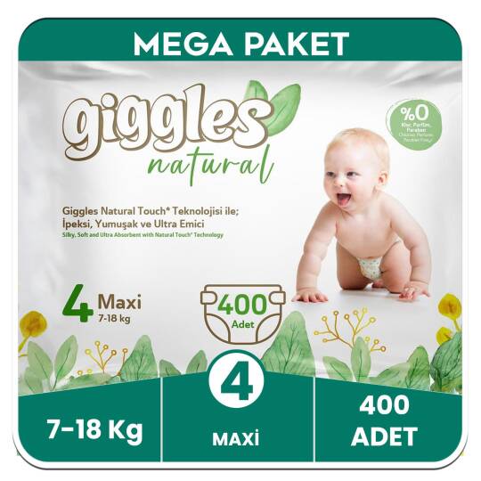 Giggles Natural 4 Numara Maxi Pamuklu Bebek Bezi Mega Paket - 400 Adet