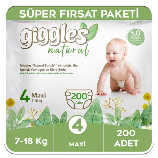 Giggles Natural 4 Numara Maxi Pamuklu Bebek Bezi Süper Fırsat Paketi - 200 Adet - 1