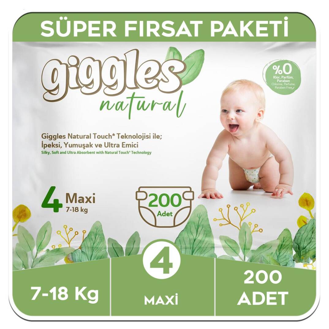 Giggles Natural 4 Numara Maxi Pamuklu Bebek Bezi Süper Fırsat Paketi - 200 Adet - 1