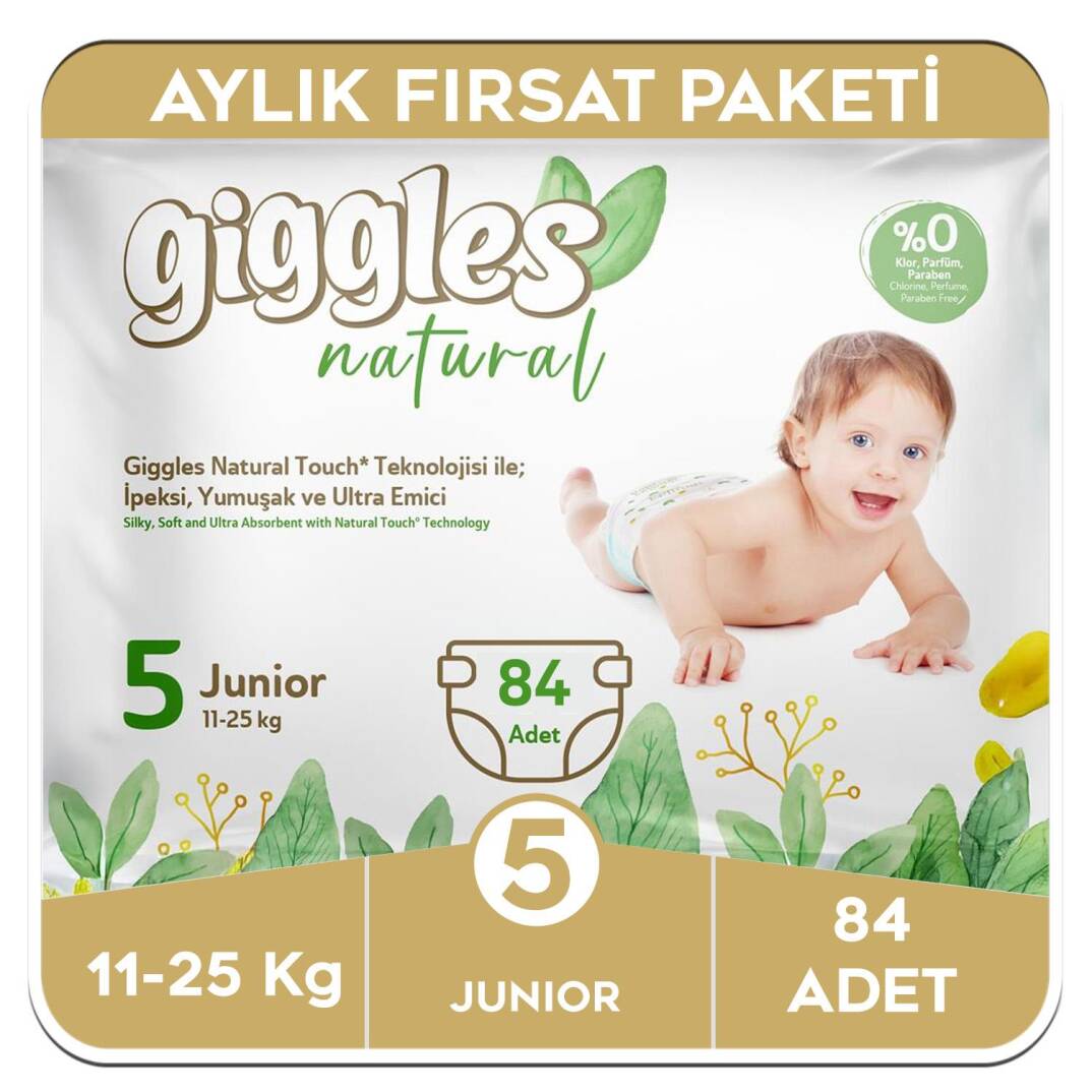 Giggles Natural 5 Numara Junior Pamuklu Bebek Bezi Aylık Fırsat Paketi - 84 Adet - 1