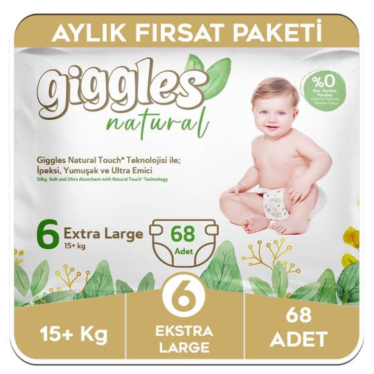 Giggles Natural 6 Numara Junior Pamuklu Bebek Bezi Aylık Fırsat Paketi - 68 Adet