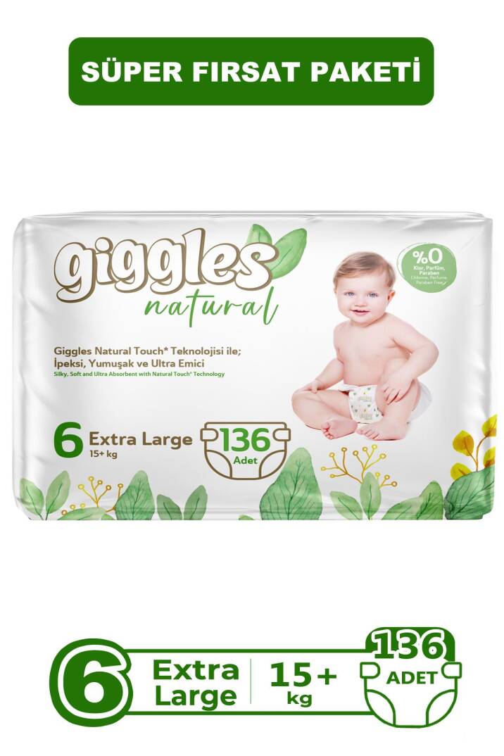 Giggles Natural 6 Numara Junior Plus Pamuklu Bebek bezi 136 Adet - 1