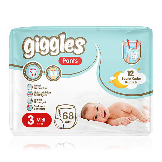 Giggles Pants Külotlu Bebek Bezi 3 Numara Midi Aylık Paket - 68 Adet