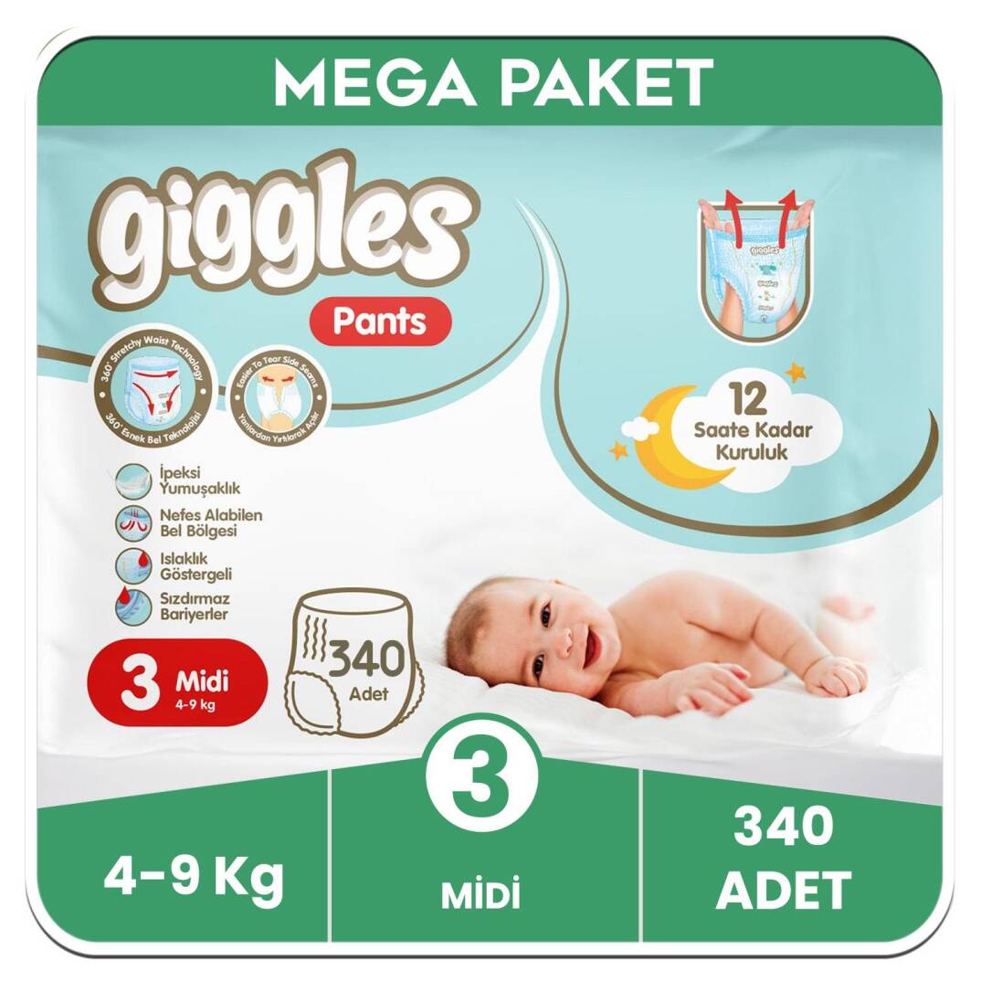 Giggles Pants Külotlu Bebek Bezi 3 Numara Midi Mega Paket - 340 Adet - 1