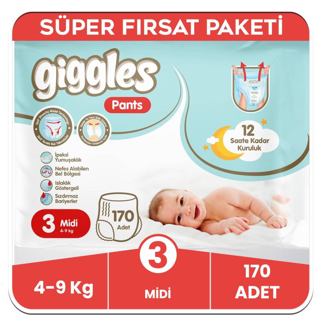 Giggles Pants Külotlu Bebek Bezi 3 Numara Midi Süper Fırsat Paketi - 170 Adet - 1