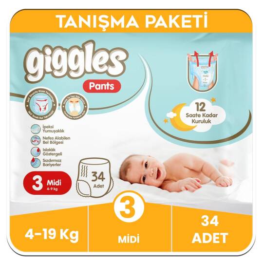 Giggles Pants Külotlu Bebek Bezi 3 Numara Midi Tanışma Paketi - 34 Adet
