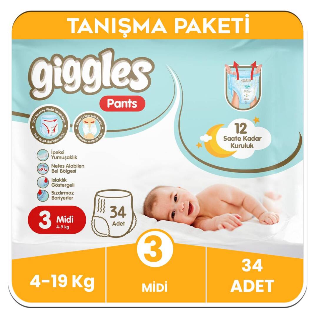 Giggles Pants Külotlu Bebek Bezi 3 Numara Midi Tanışma Paketi - 34 Adet - 1