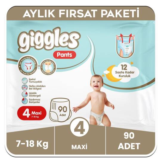 Giggles Pants Külotlu Bebek Bezi 4 Numara Maxi Aylık Paket - 90 Adet