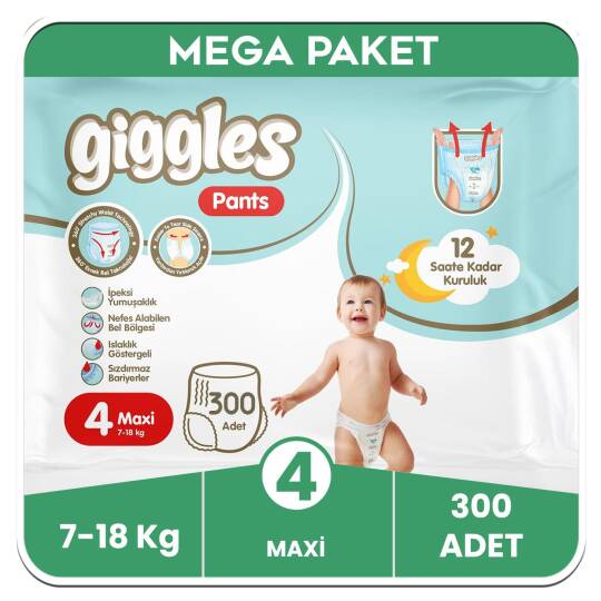 Giggles Pants Külotlu Bebek Bezi 4 Numara Maxi Mega Paket - 300 Adet