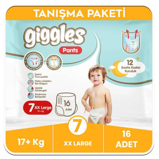 Giggles Pants Külotlu Bebek Bezi 7 Numara XX Extra Large Tanışma Paketi - 16 Adet