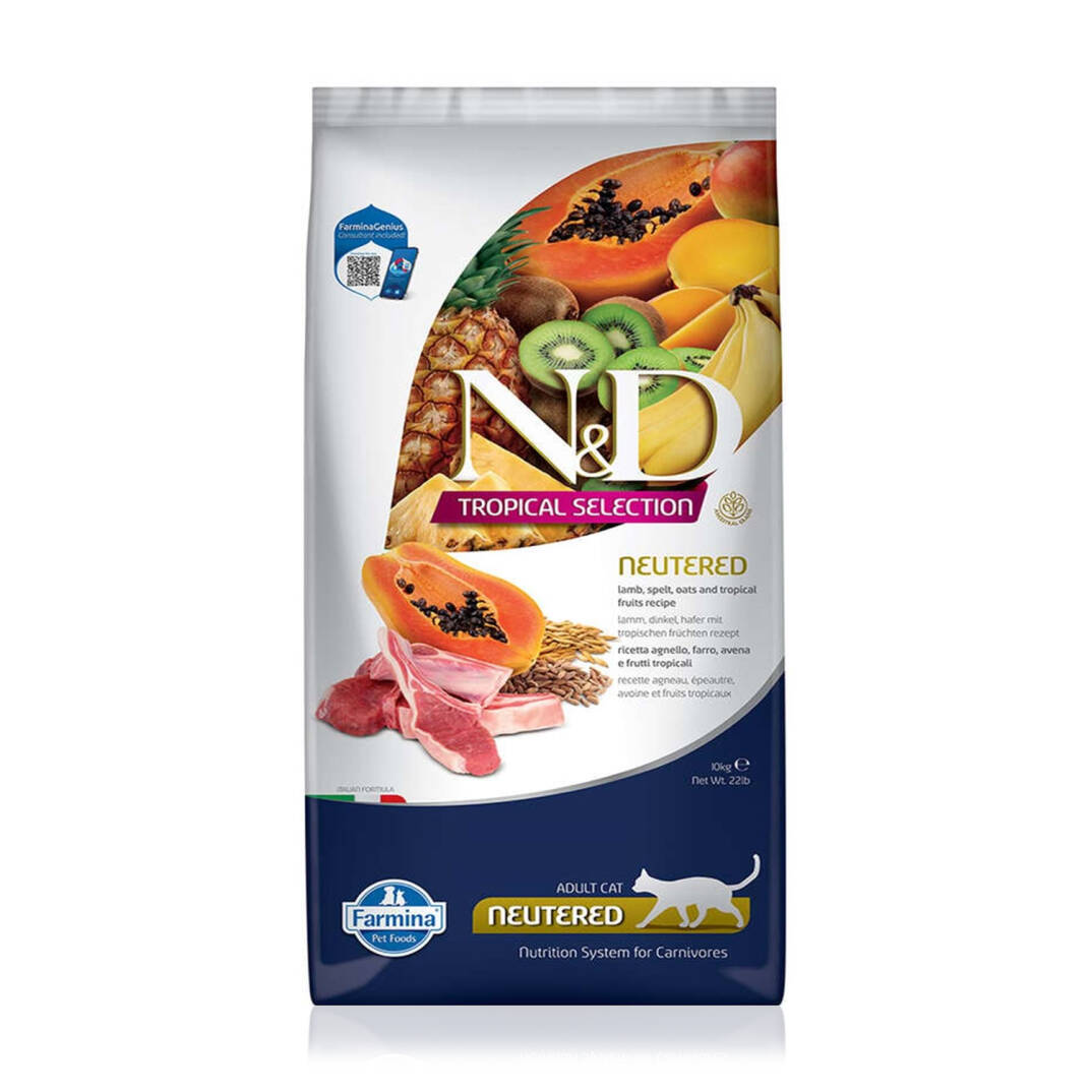 N&D Az Tahıllı Kuzu Etli Tropik Meyveli Kısırlaştırılmış Yetişkin Kedi Maması 10 Kg - 1