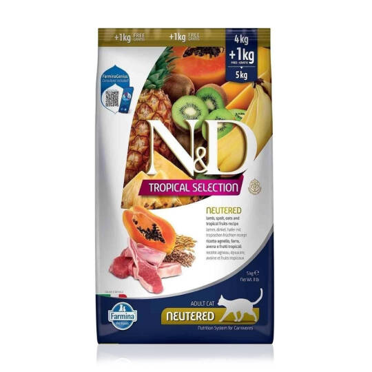 N&D Az Tahıllı Kuzu Etli Tropik Meyveli Kısırlaştırılmış Yetişkin Kedi Maması 5 Kg
