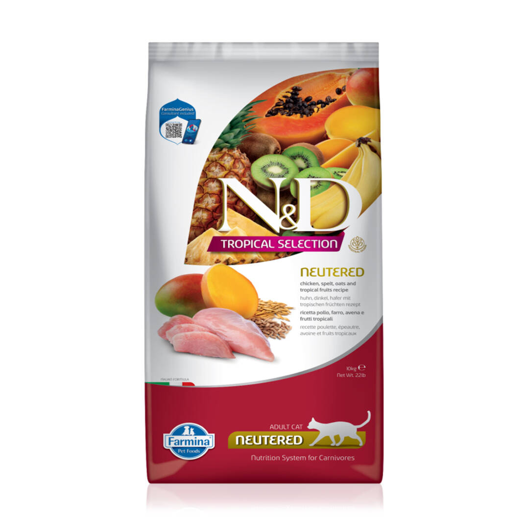 N&D Az Tahıllı Tavuk Etli Tropik Meyveli Kısırlaştırılmış Yetişkin Kedi Maması 10 Kg - 1