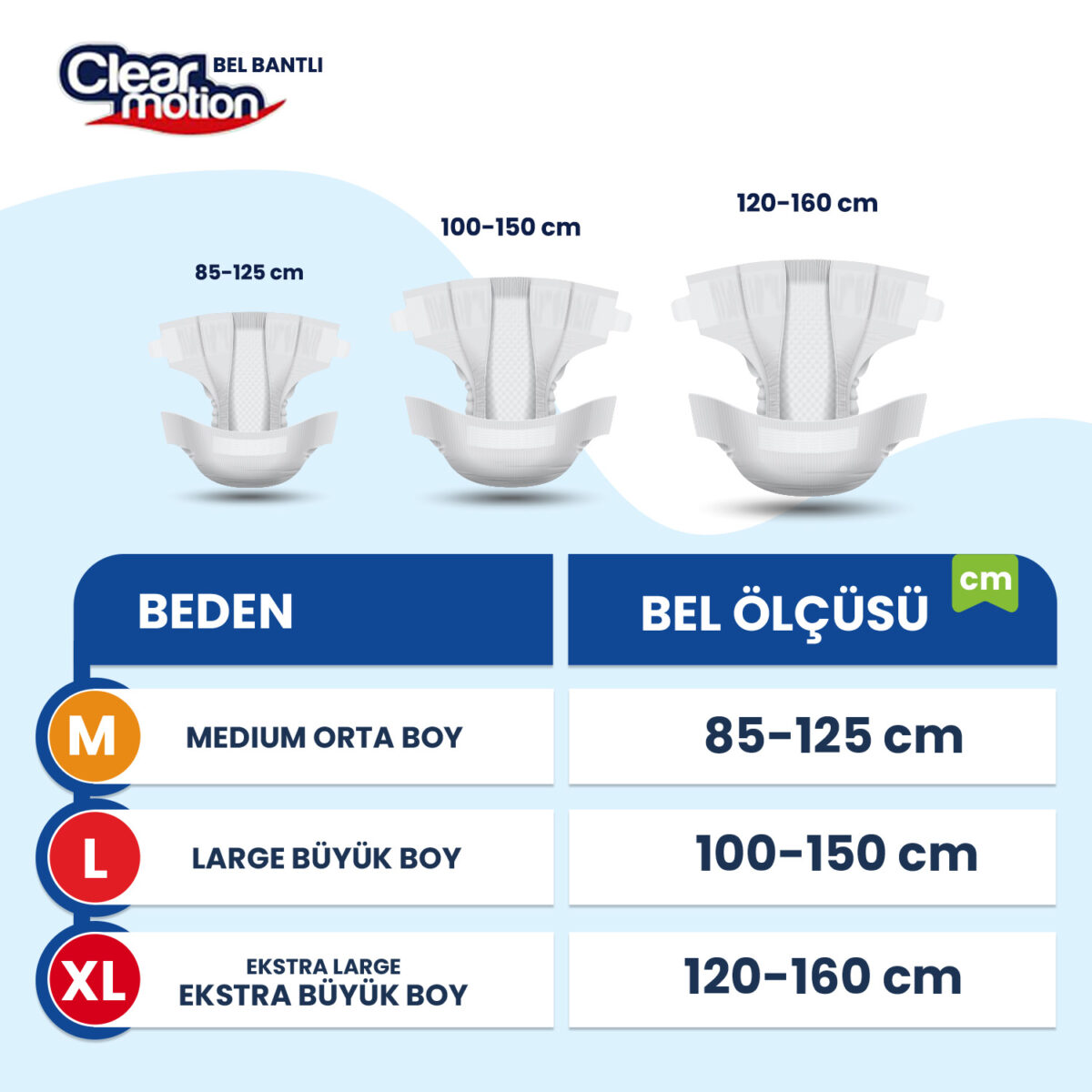 clear-motion-beden-tablosu Clear Motion Belbantlı Hasta Bezi M-Medium Beden 120 Adet - Görsel 2