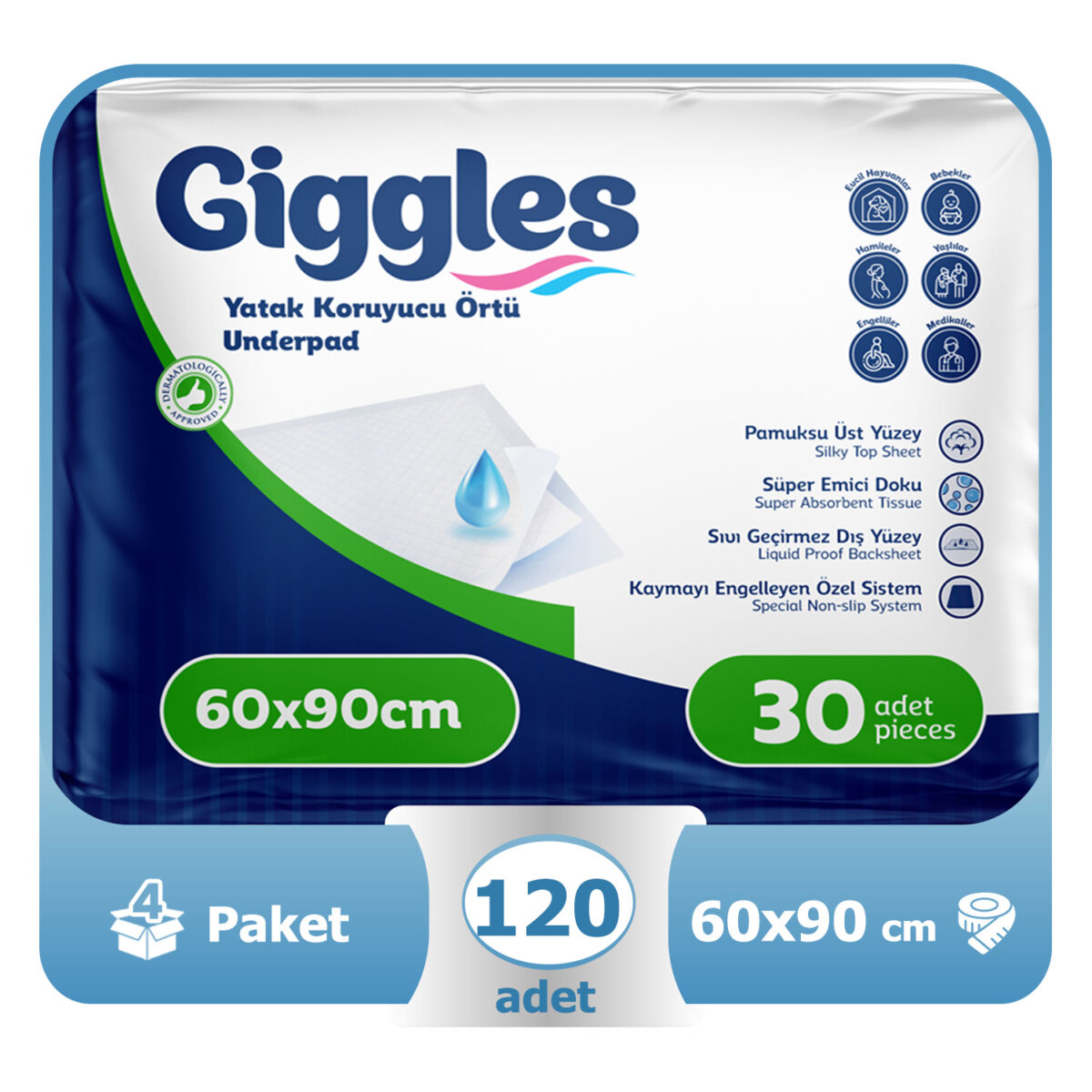 giggles-yatak koruyucu-60x90-120li Giggles Yatak Koruyucu Örtü 60x90 Cm 120 Adet - Görsel 1
