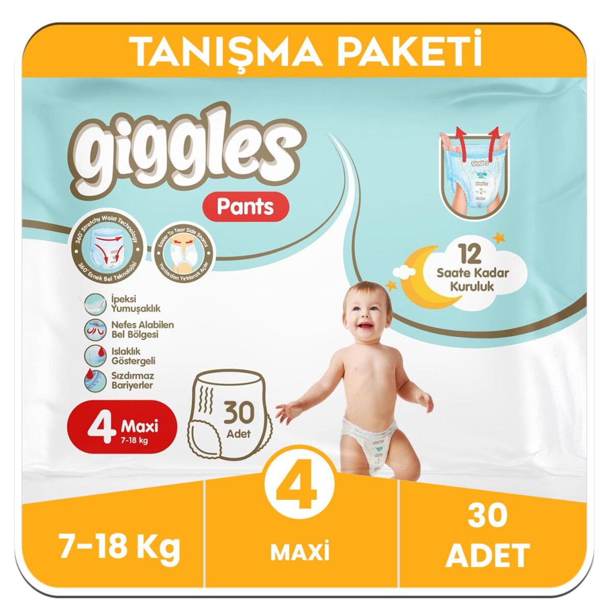 8680131205141-30-12426.jpg Giggles Pants Külotlu Bebek Bezi 4 Numara Maxi Tanışma Paketi - 30 Adet - Görsel 1